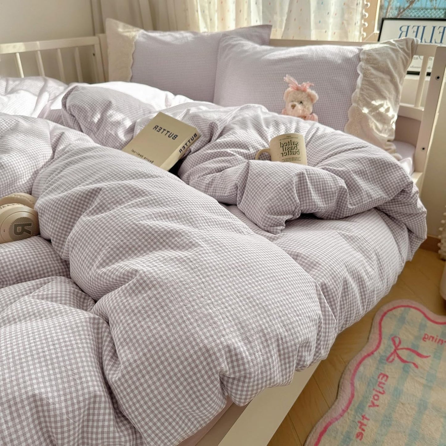 Gingham Duvet Cover Twin Size Lavender White Plaid Checkered Set