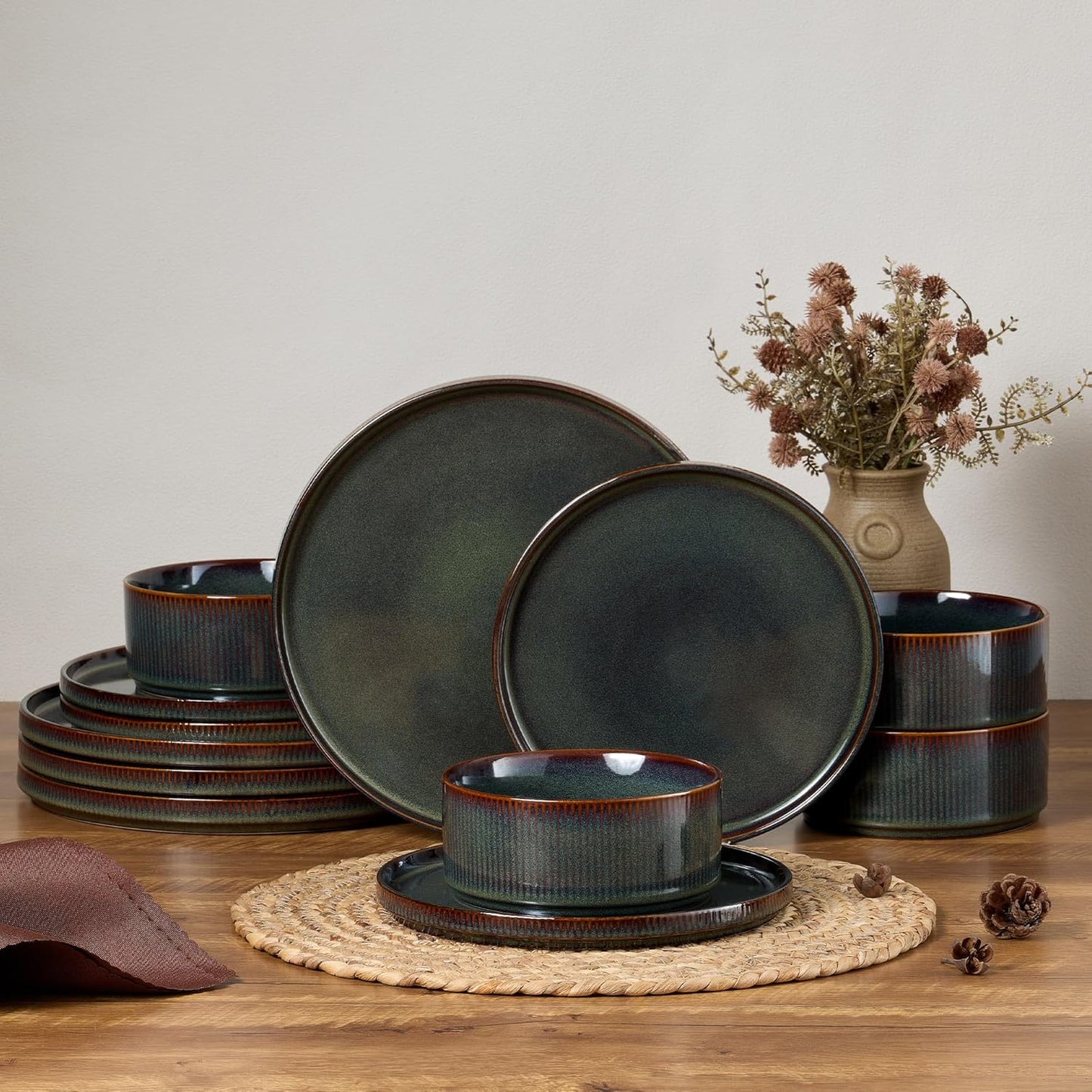 E-far 12-Piece Stoneware Dinnerware Set for Modern Dining
