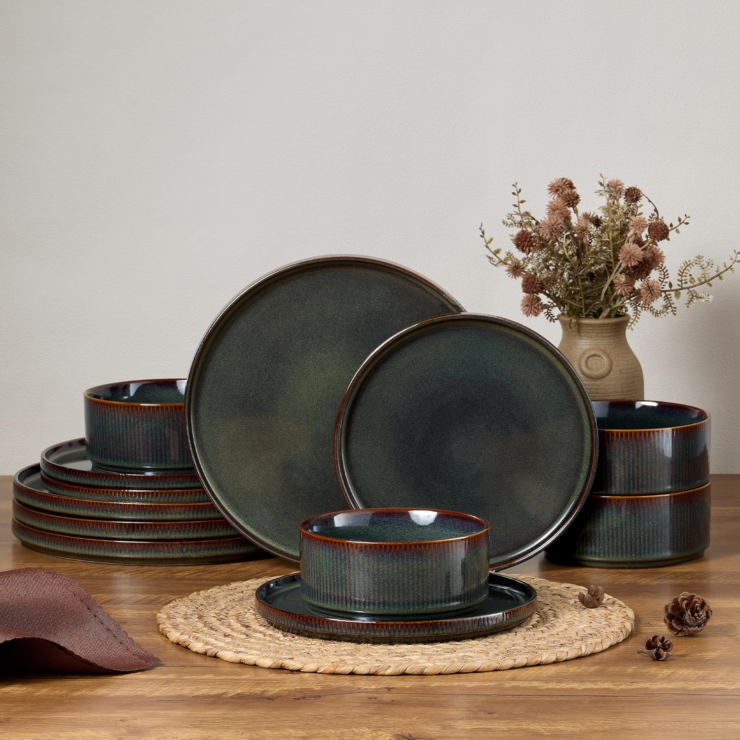 E-far 12-Piece Stoneware Dinnerware Set for Modern Dining