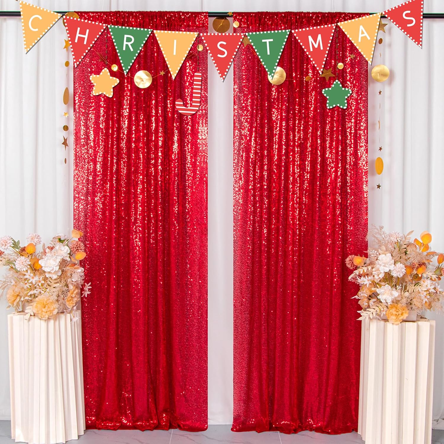 Red Sequin Backdrop for Weddings & Events - 2 Panels 4FTx8FT