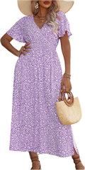 Floerns Plus Size Boho Floral V Neck A Line Long Dress - Flattering