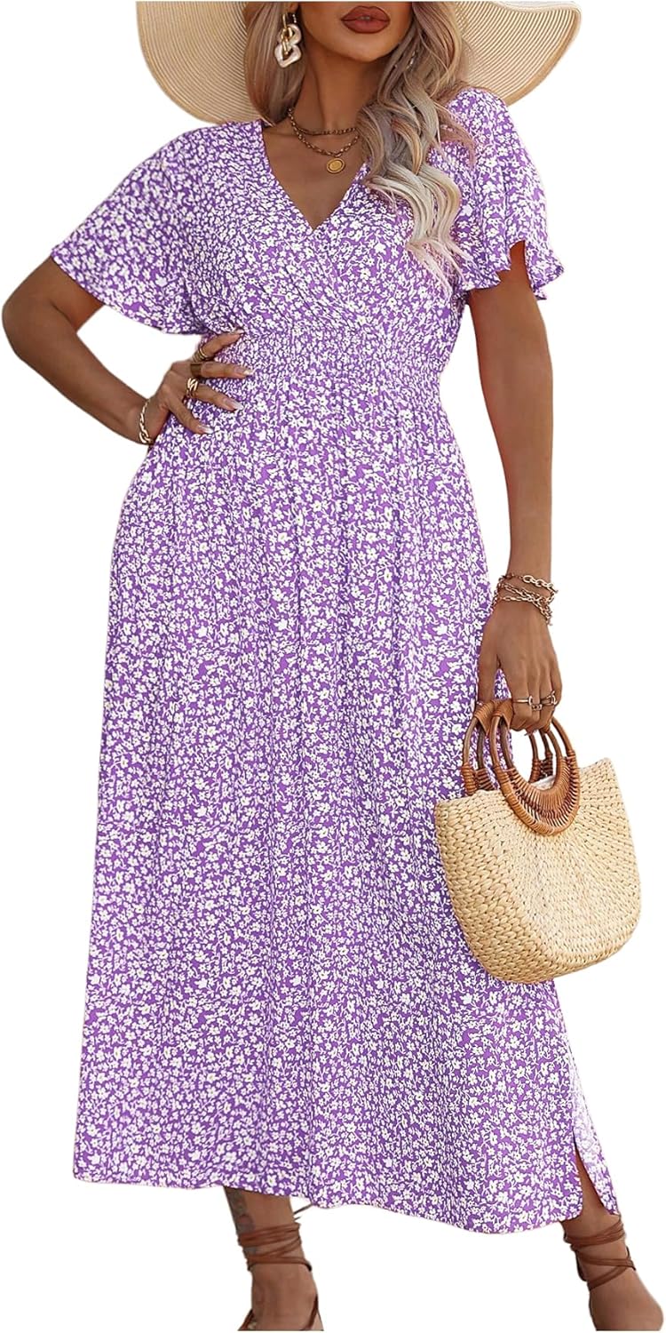 Floerns Women's Plus Size Boho Floral V Neck Short Sleeve Dress