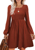 Womens Babydoll Dress Square Neck Long Sleeve Knee Length - Flowy