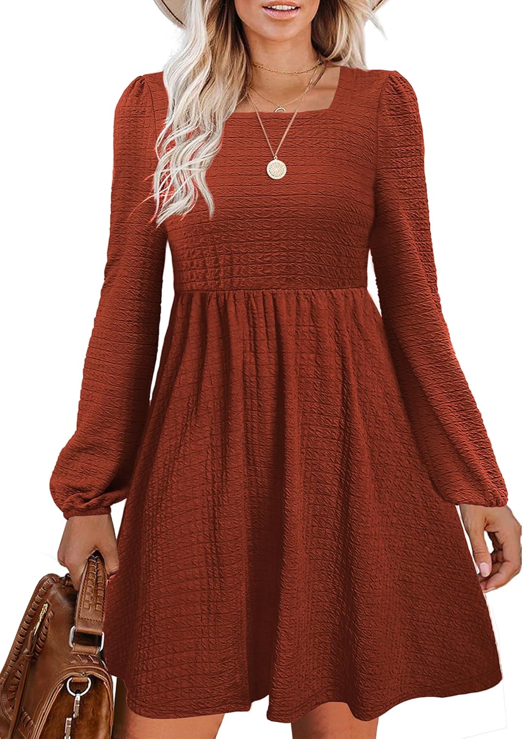 Womens Babydoll Dresses Square Neck Long Sleeve Flowy Style