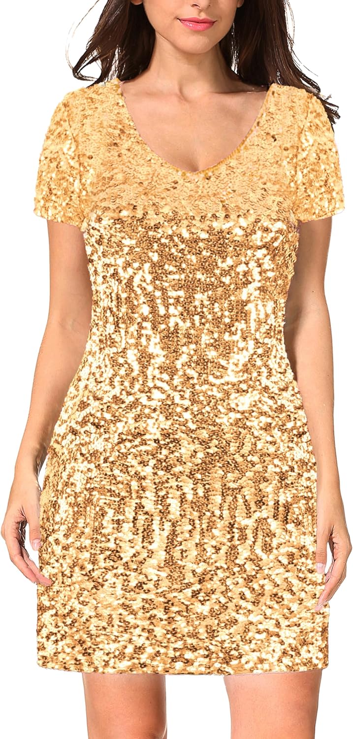 MANER Women's Sequin Glitter Short Sleeve Dress for Parties