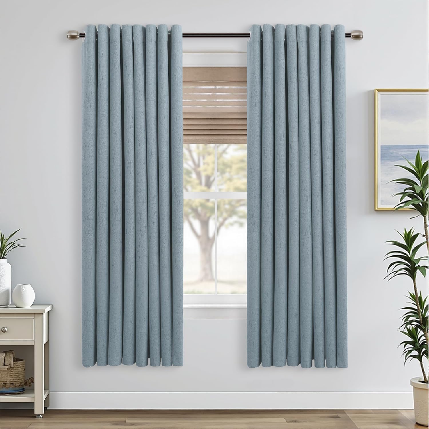 Mrs.Naturall Stone Blue Grommet Linen Blackout Curtains 52x63