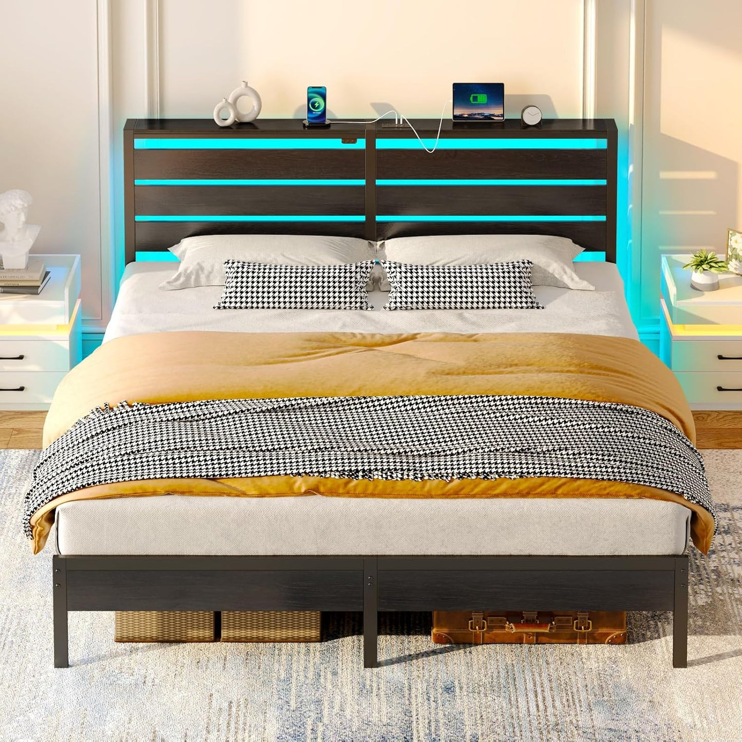 Rolanstar King Size Bed Frame with USB Charging Station and LED
