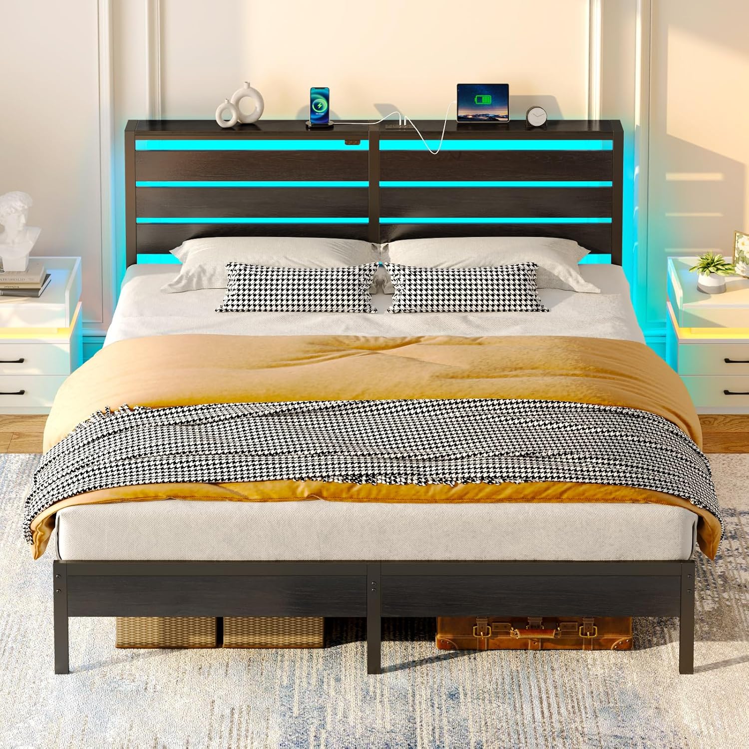 Rolanstar King Size Bed Frame with USB Charging Station and LED
