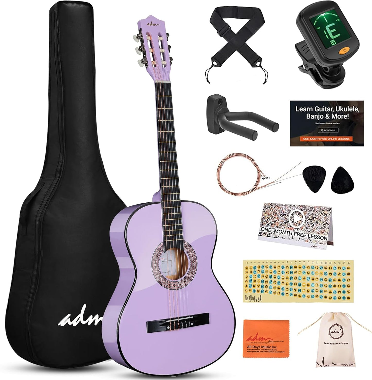 ADM 38 Nylon String Guitar Bundle - Online Lessons, Gig Bag, Purple