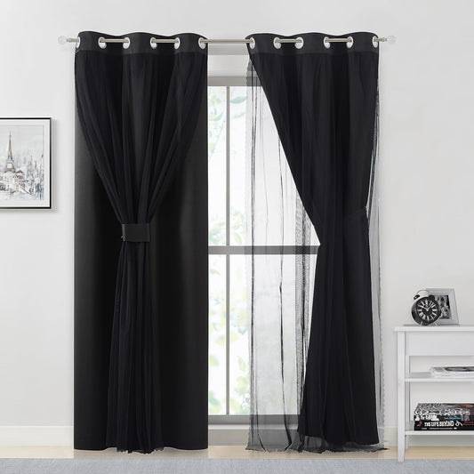 Bujasso Black Full Blackout Curtains with Sheer Overlay Panels