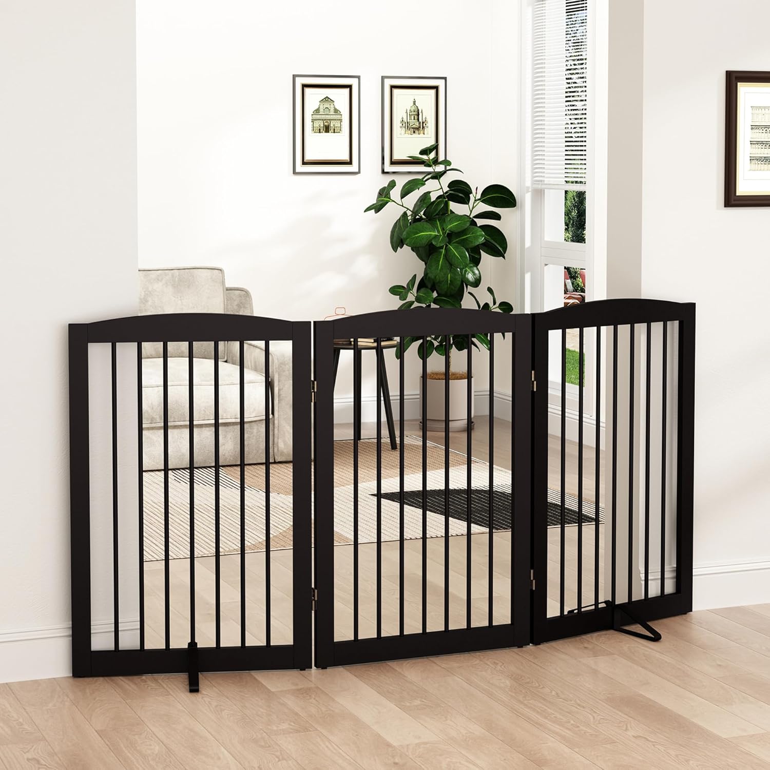 Freestanding Pet Gate for Dogs - Foldable Wooden Dog Gate