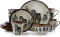 Elama Majestic Wolf 16 Piece Round Stoneware Dinnerware Set in Taupe