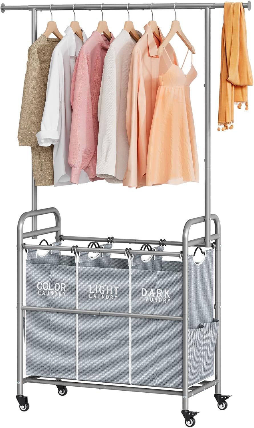 Tajsoon Laundry Sorter with Hanging Bar for Easy Organization