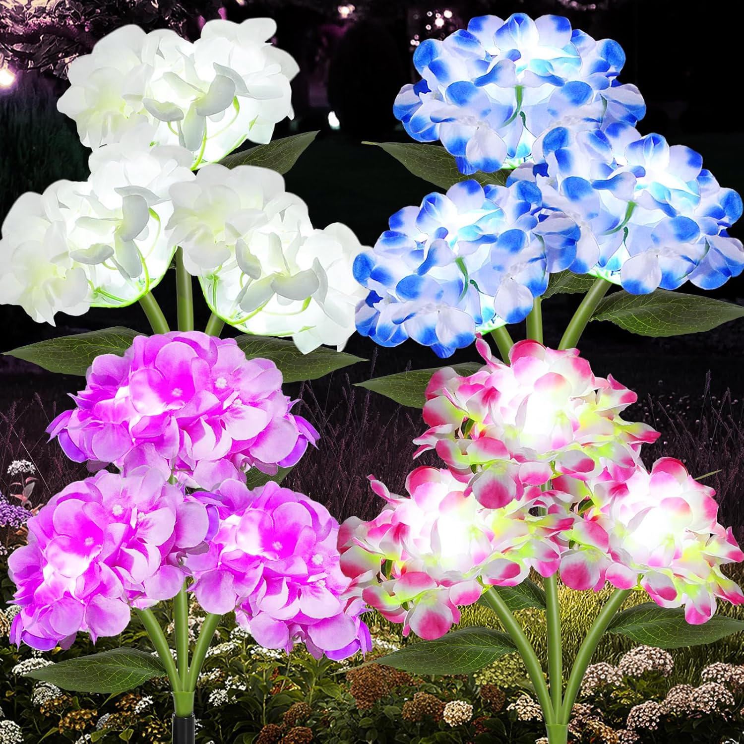 4 Pack Solar Garden Lights with Colorful Hydrangea Flowers
