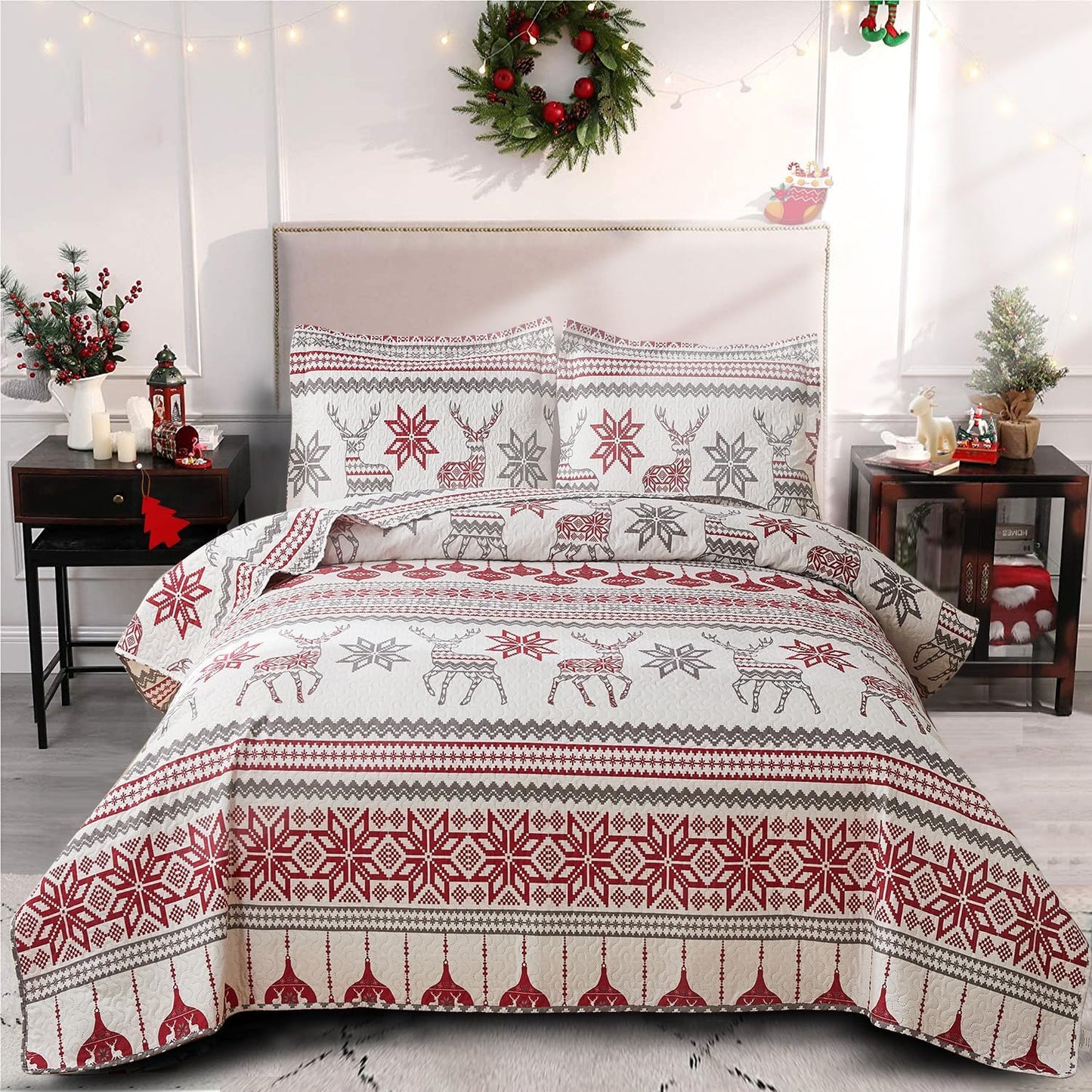 Christmas Quilt Set Queen Size for Festive Bedroom Decor