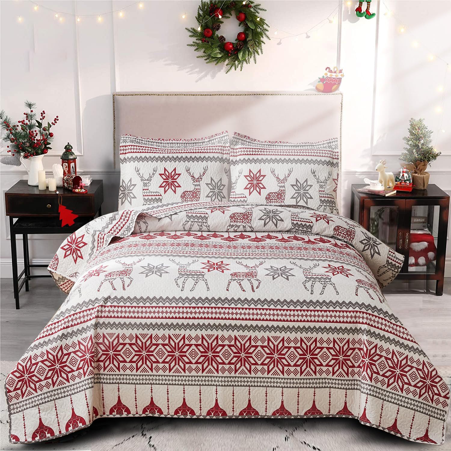 Christmas Quilt Set Queen Size for Festive Bedroom Decor