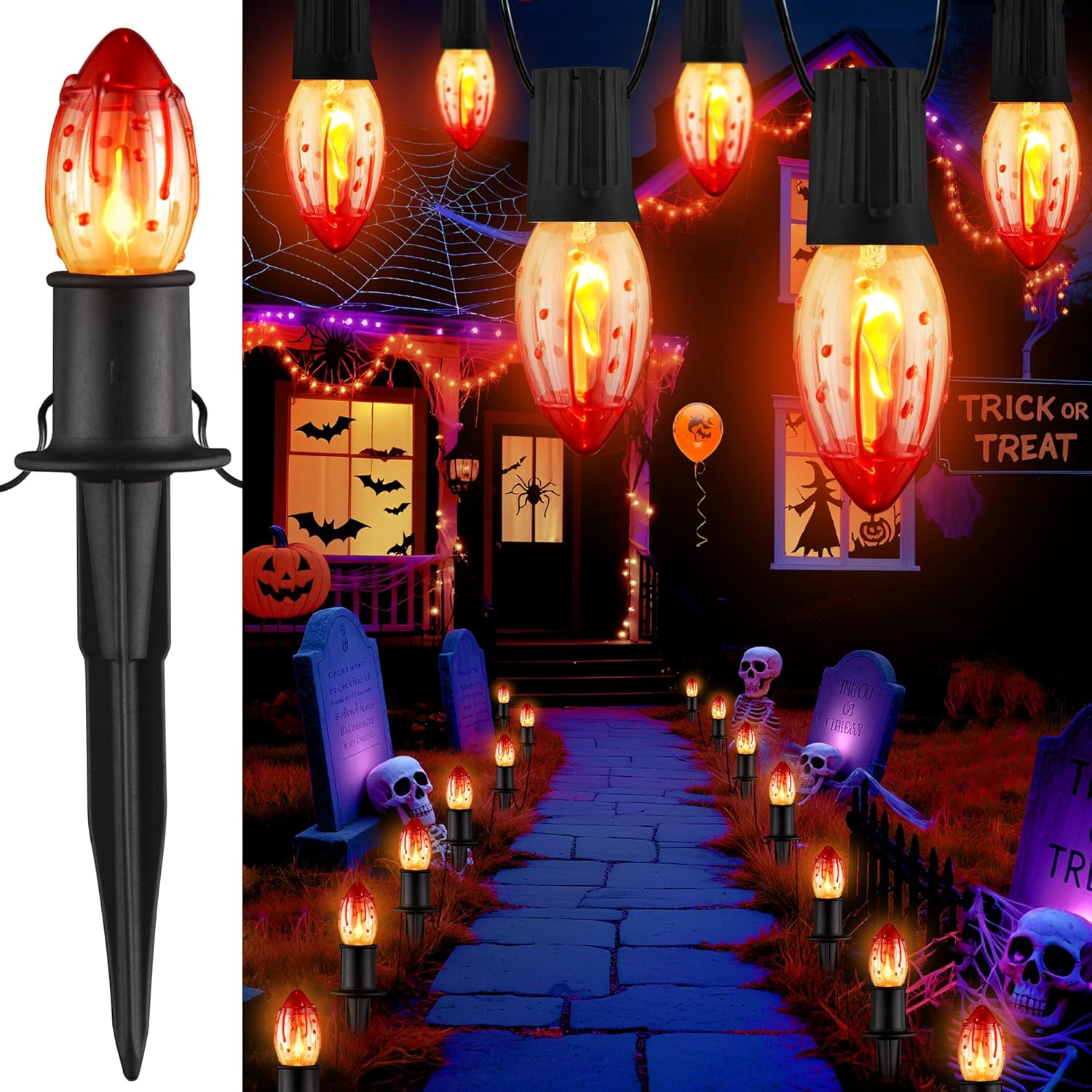 24.2FT Flickering Flame String Lights for Halloween Pathway Decor
