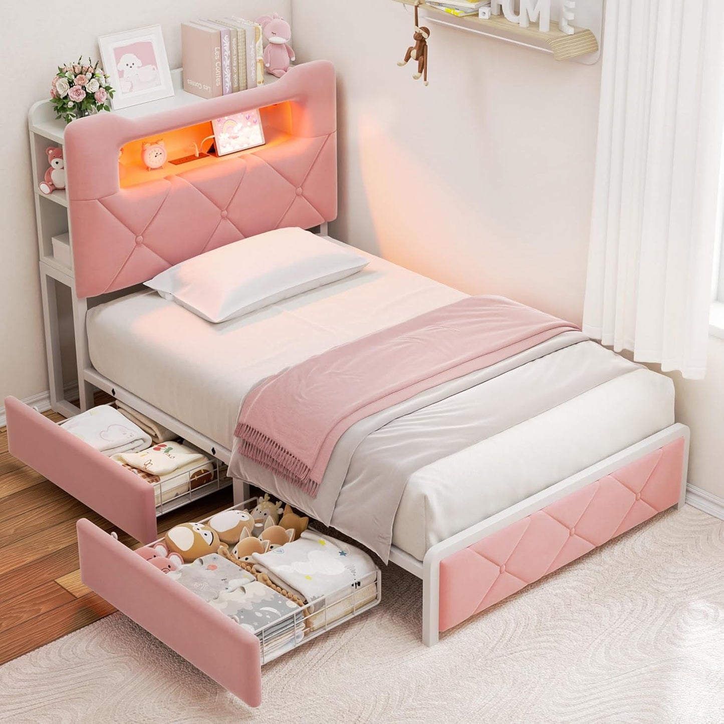 Twin Upholstered LED Bed Frame with Storage for Kids and Teens