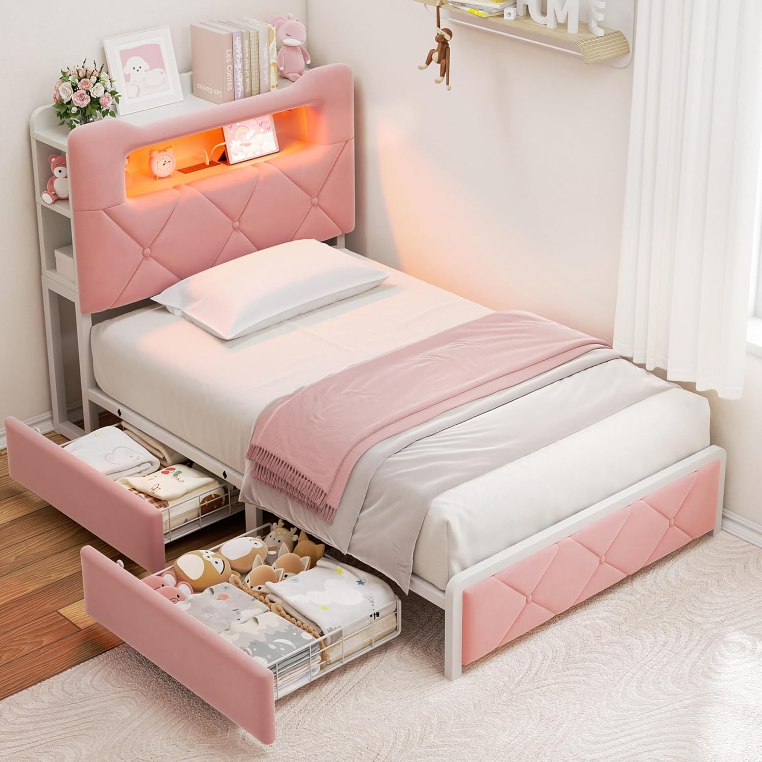 Twin Upholstered LED Bed Frame with Storage for Kids and Teens