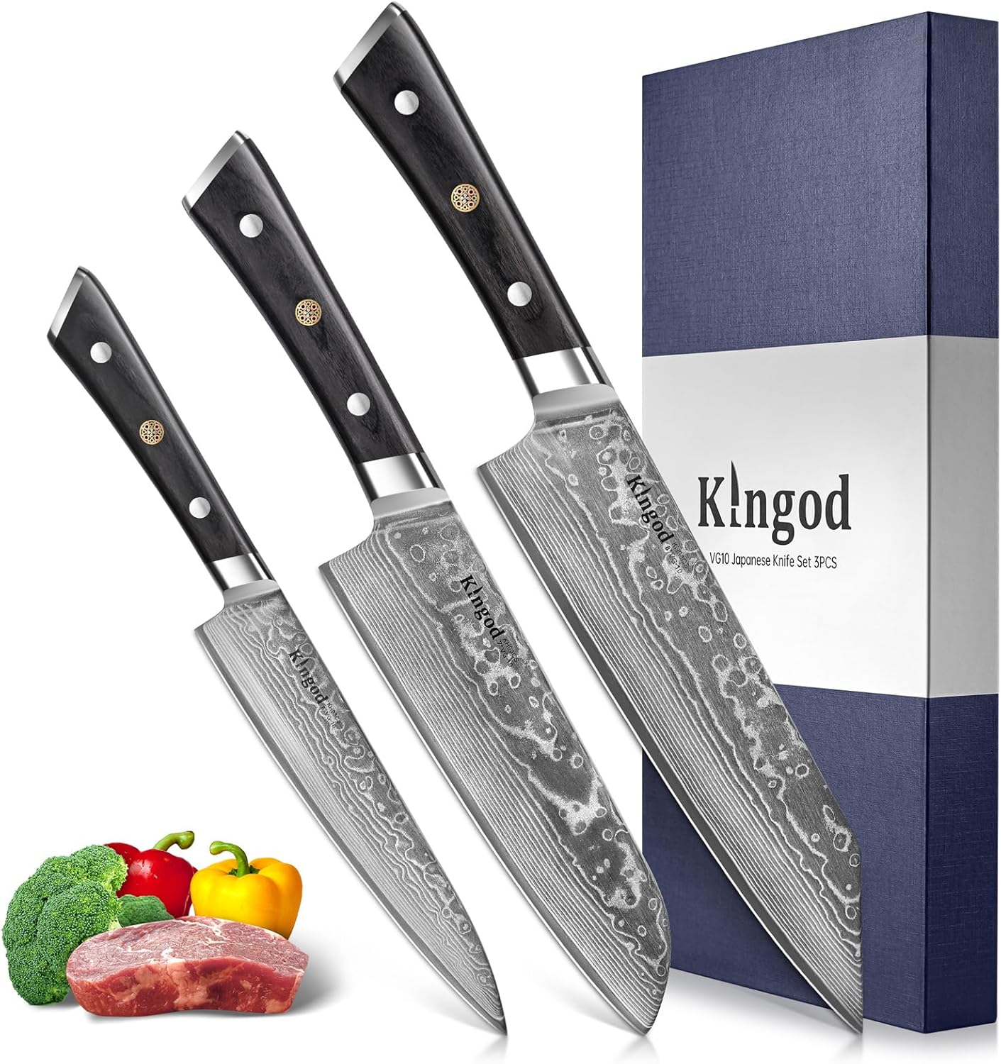 KINGOD 3-Piece VG10 Damascus Knife Set for Professional Chefs