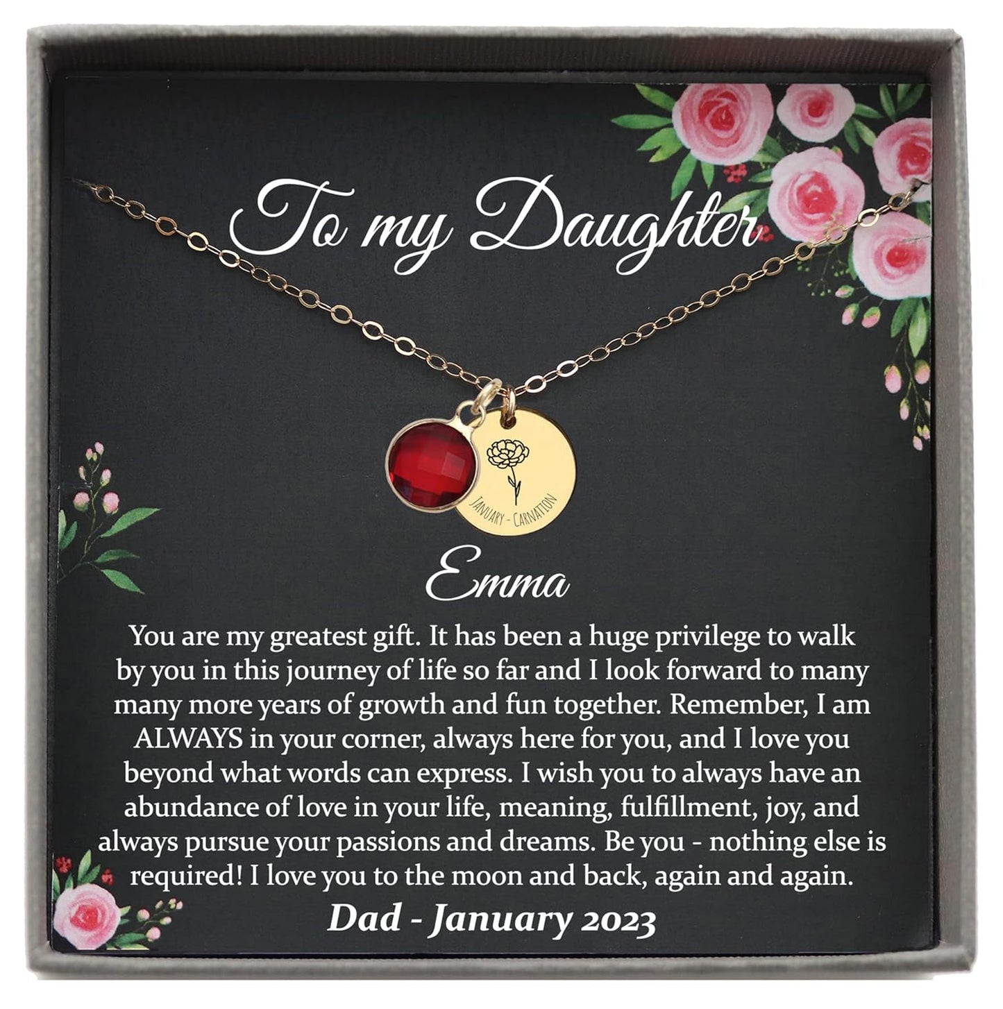 Personalized Daughter Necklace with Birth Flower Meaningful Message