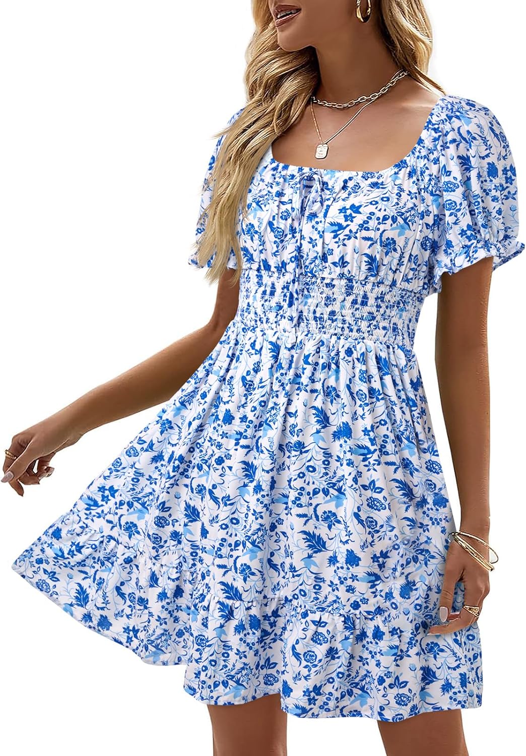 Boho Floral Smocked Square Neck Mini Dress for Summer Fun