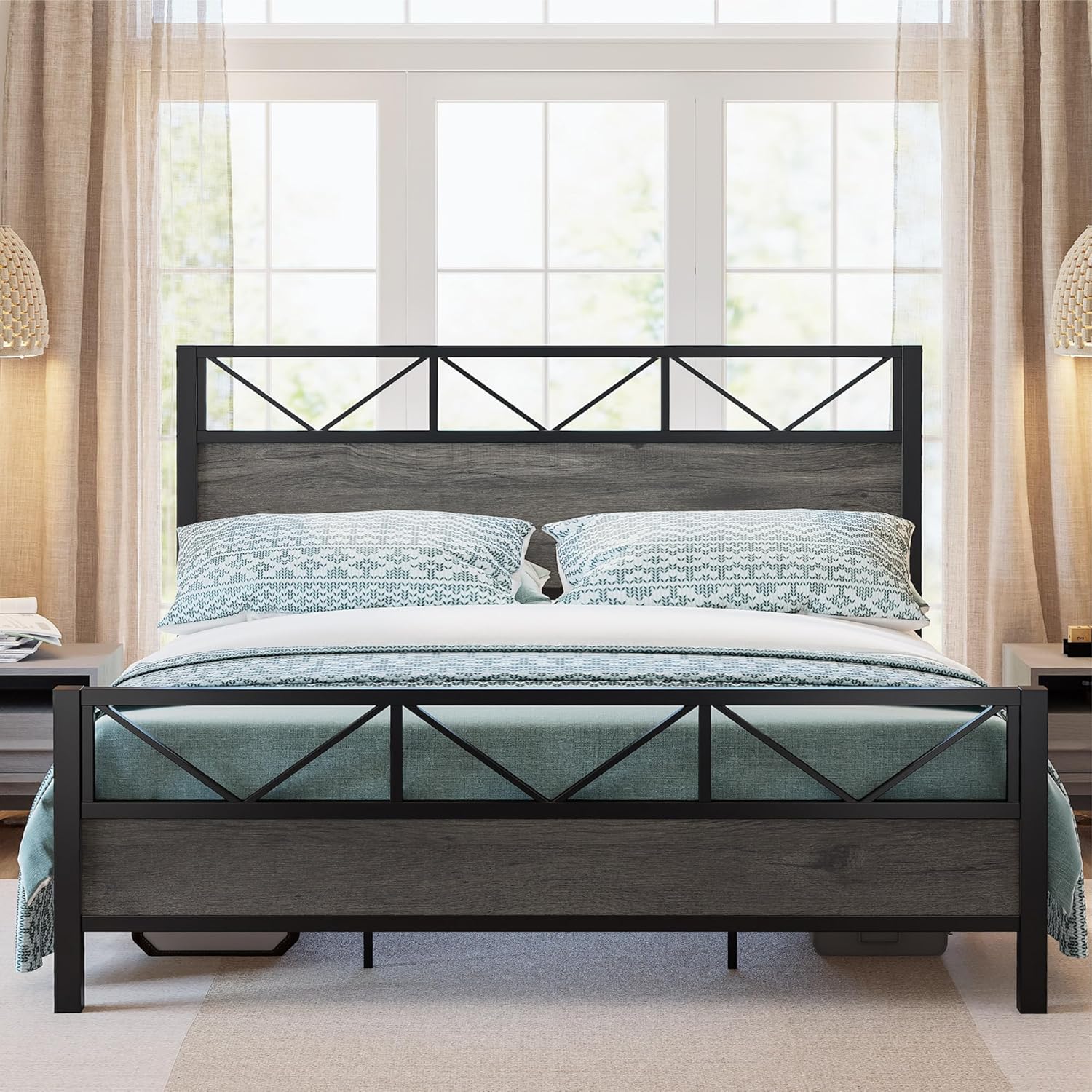 LIKIMIO California King Bed Frame with Tall Industrial Headboard