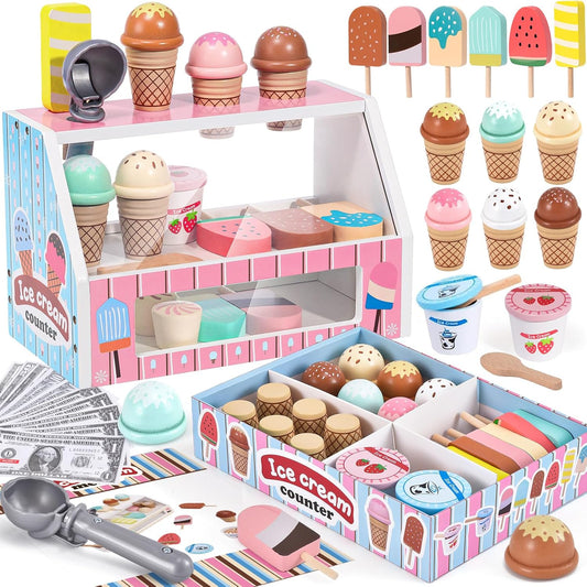Wooden Ice Cream Toys for Kids Kitchen Play Store Fun