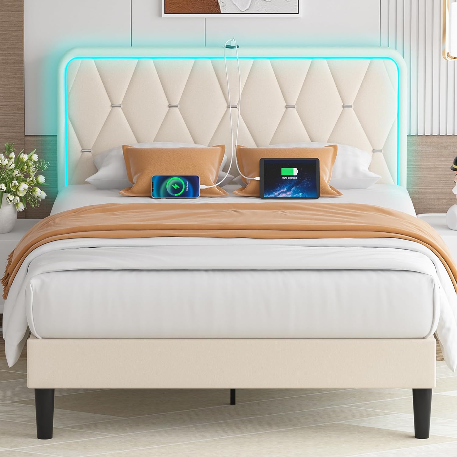 VECELO Upholstered Queen Bed Frame with LED Lights and Charging
