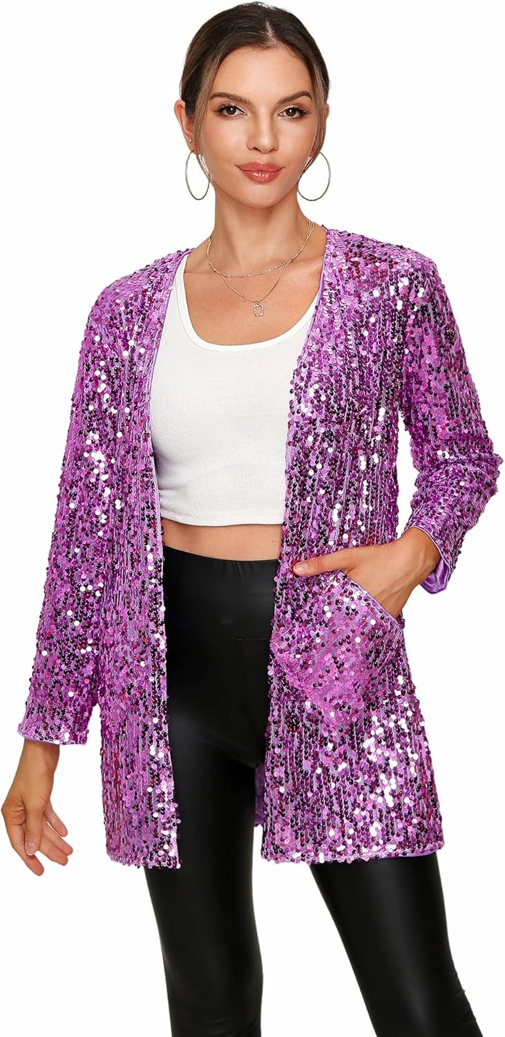 Women's Sequin Jacket Long Sleeve Open Front Blazer for Parties