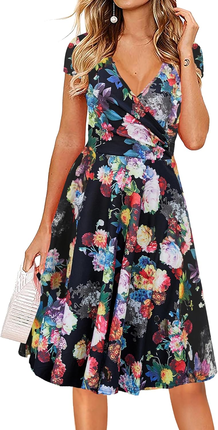 Oxiuly Women's Cap Sleeve Summer Casual Floral Vacation Dress