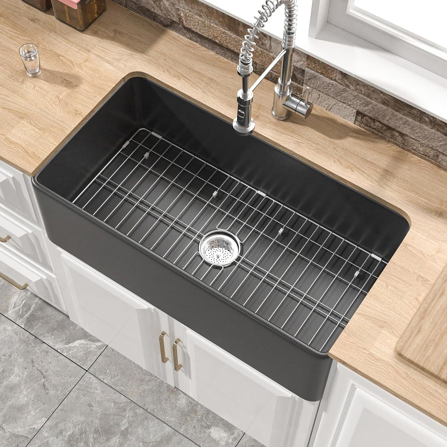 Black Farmhouse Sink 33 x 18 Inch, Heavy Duty Fireclay Design