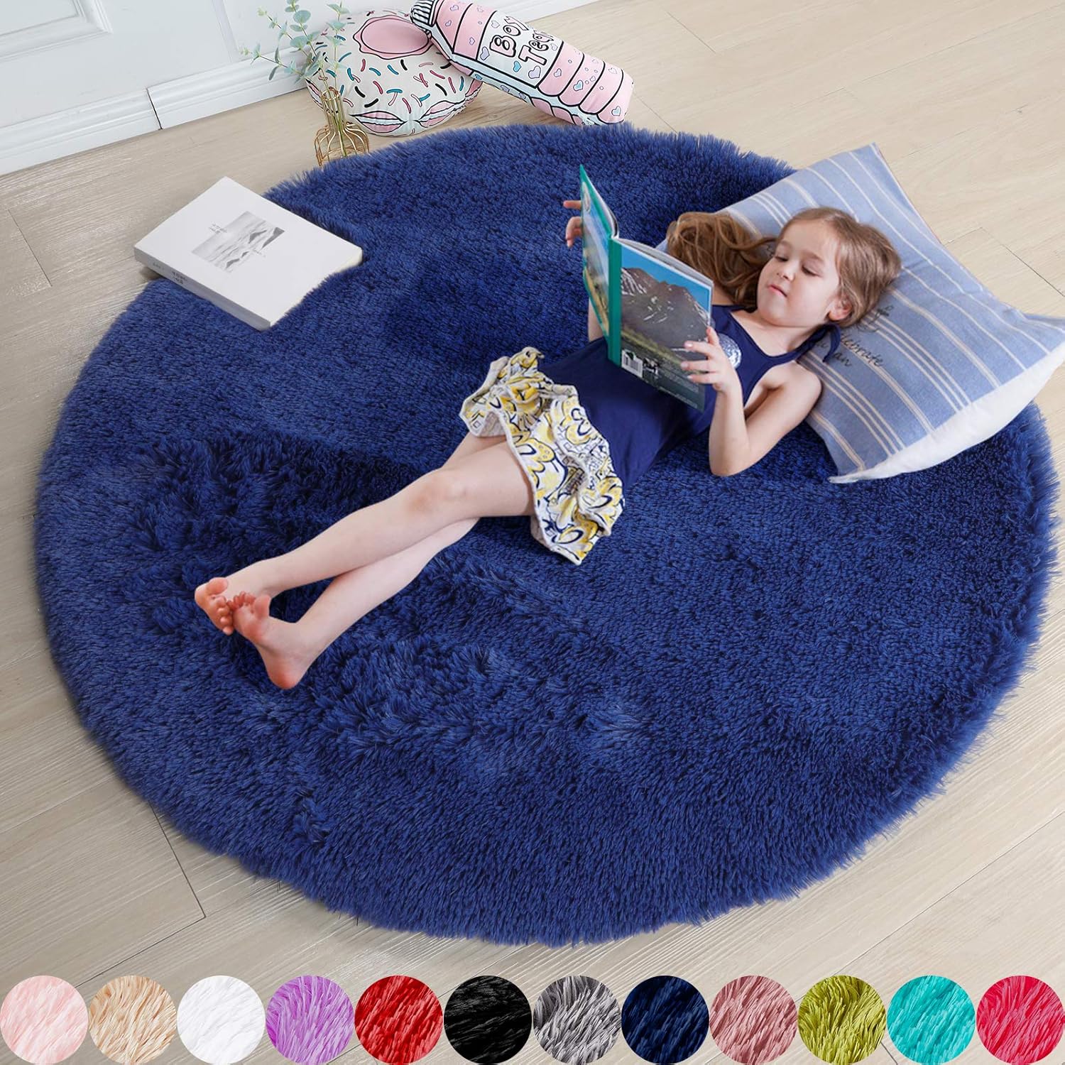 Navy Blue Round Rugs 5Ft for Boys Bedroom and Living Room