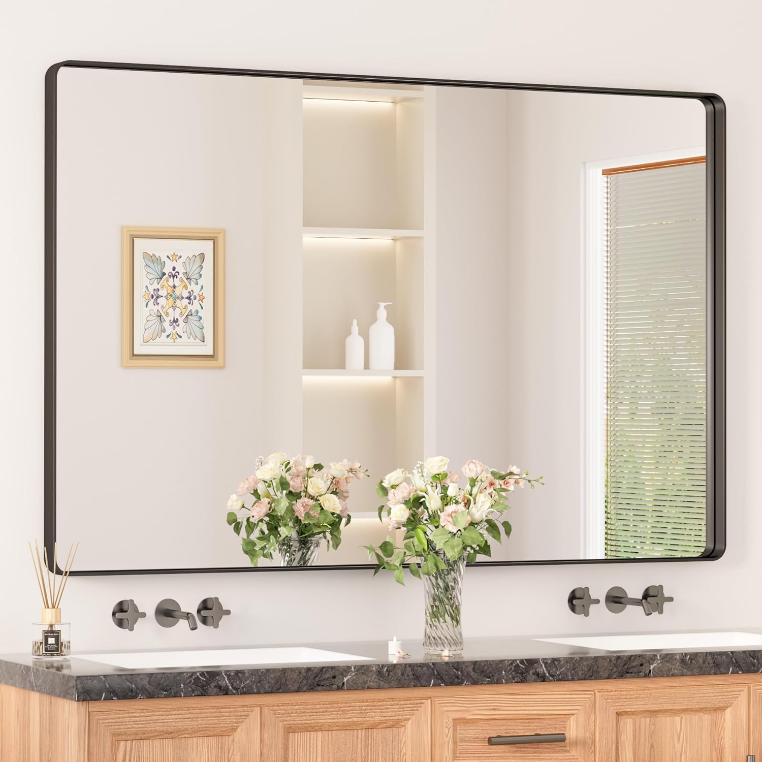Keonjinn Black Mirror for Bathroom Sink - Large Rounded Rectangle