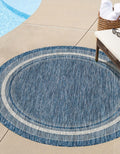 Outdoor Border Area Rug 7 ft 10 in Round - Durable Blue Ivory
