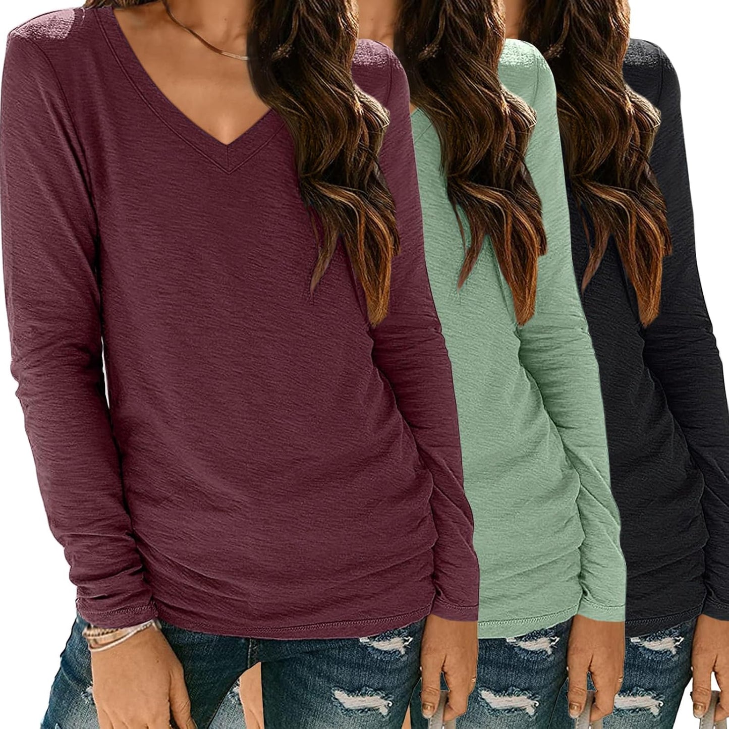 SUNBS 3 Pack Womens Long Sleeve V Neck Tops for Casual Style