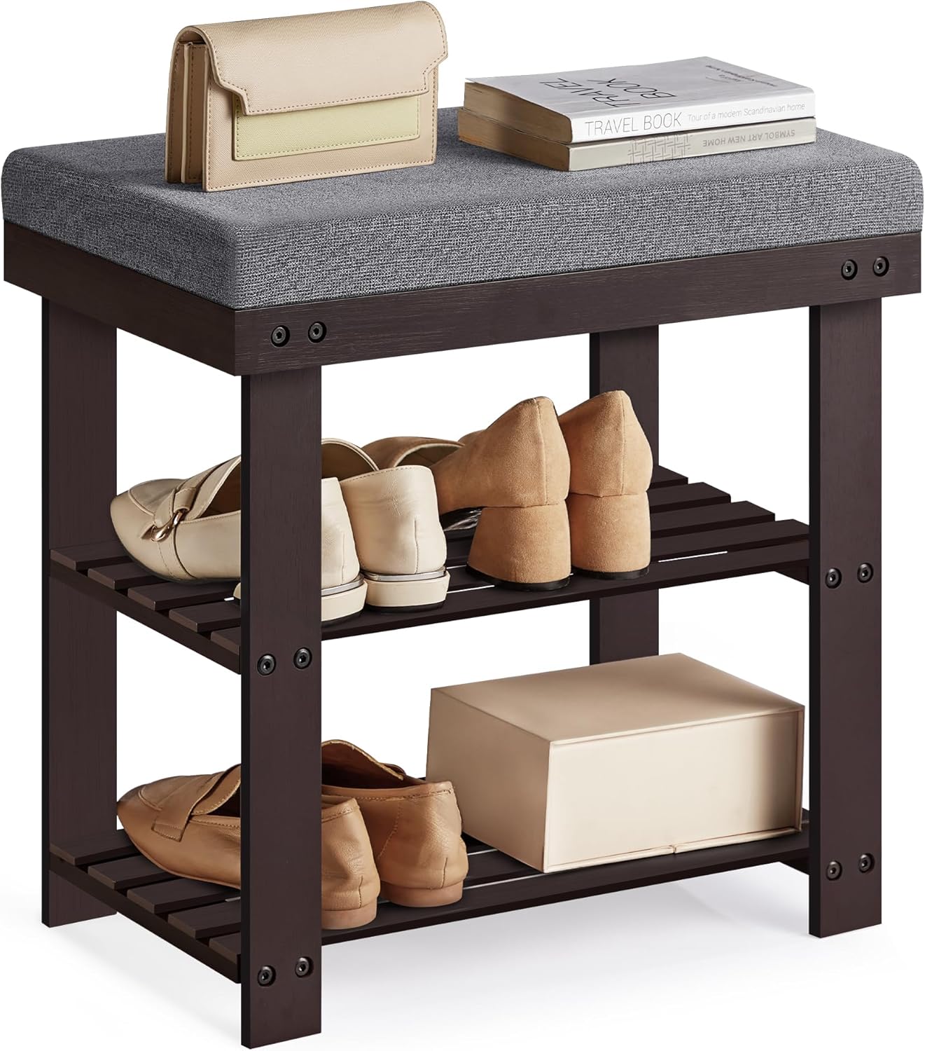 SONGMICS Bamboo Shoe Bench with 3-Tier Shoe Rack Organizer