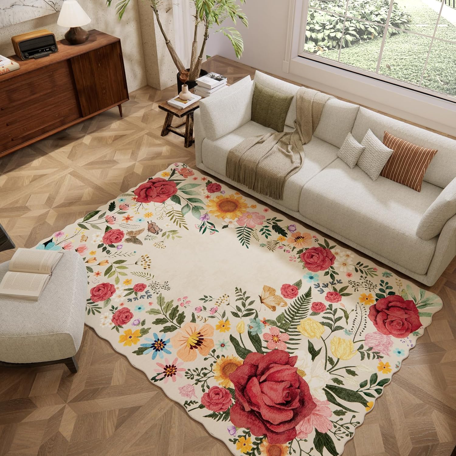 Floral Washable 6ftx9ft Area Rugs for Bedroom and Living Room