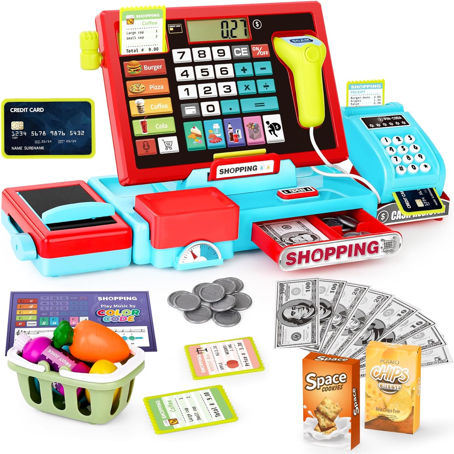 Interactive Toy Cash Register for Kids, Play & Learn with Sound/Music/Scanner, Ideal Gift, Ages 3-6