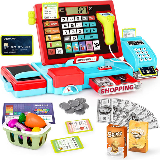 Interactive Toy Cash Register for Kids, Play & Learn with Sound/Music/Scanner, Ideal Gift, Ages 3-6