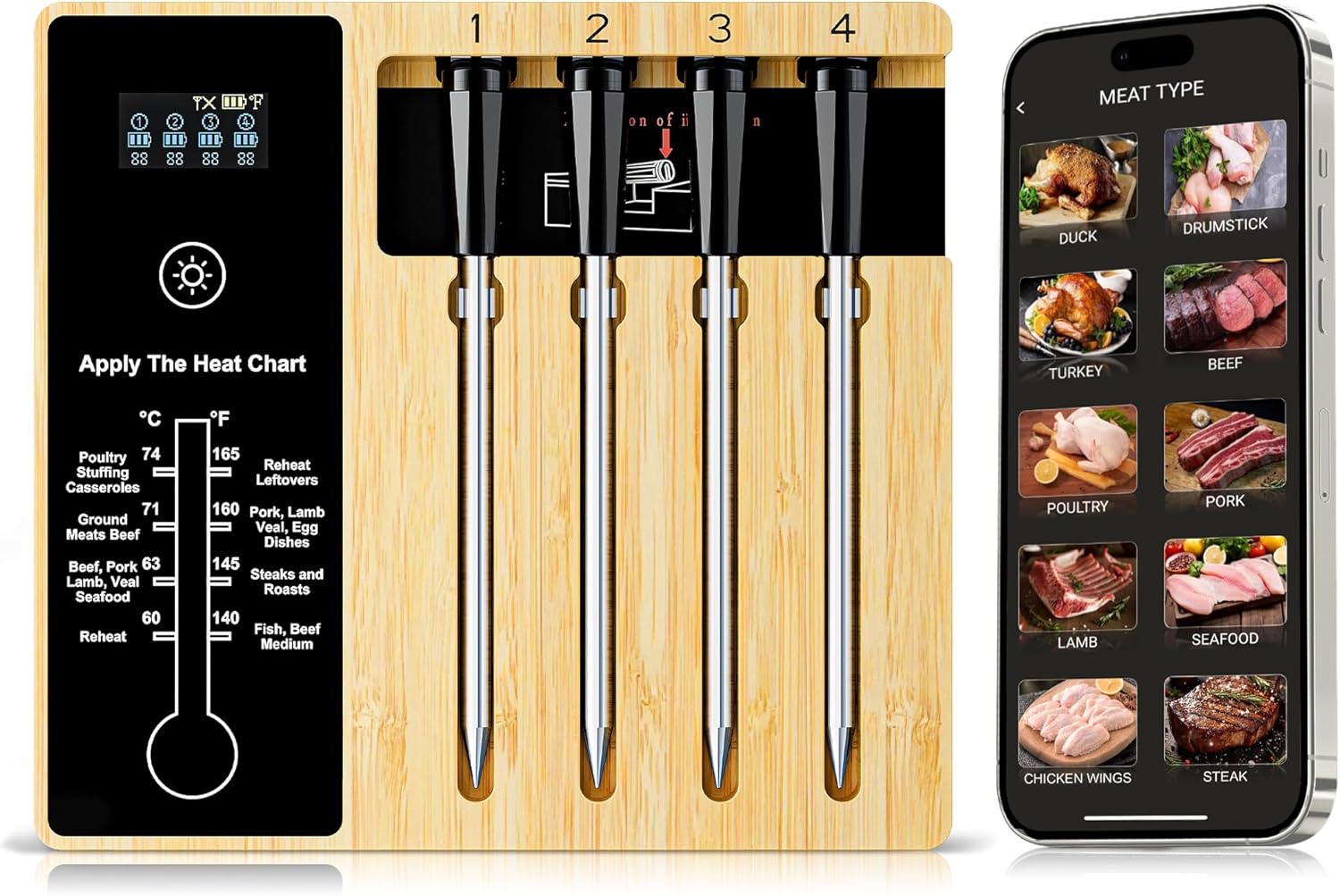 Smart Wireless Meat Thermometer with 4 Probes for Perfect BBQ