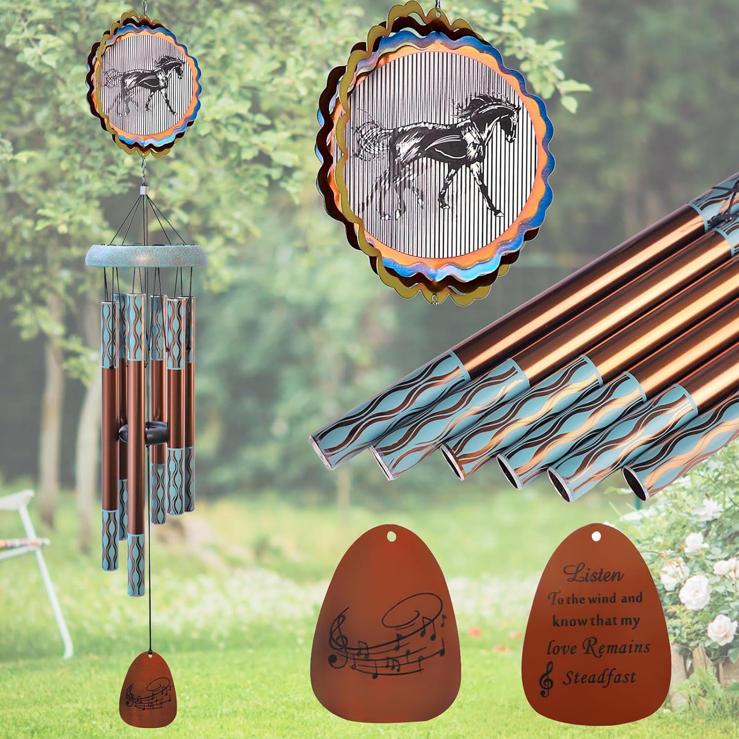 Wind Chimes for Outside with 3D Horse Spinner for Garden Decor