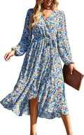 Women's Floral Boho Wrap V Neck Maxi Dress - Flowy Ruffle Style S=US