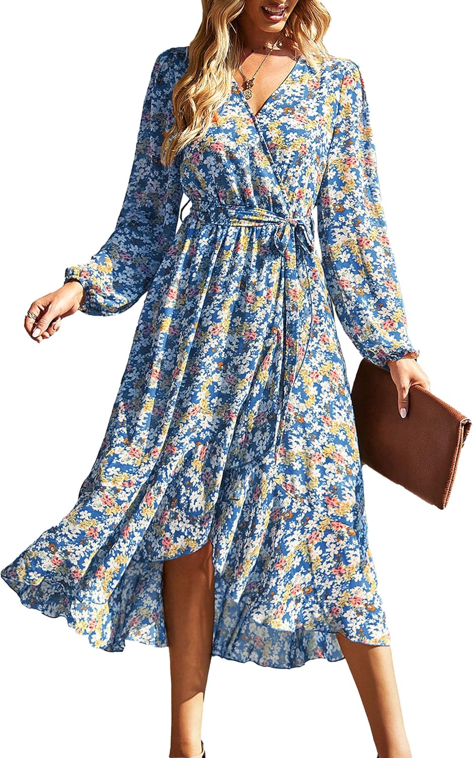 Floral Boho Dress for Women - Long Sleeve Maxi Wrap Dress