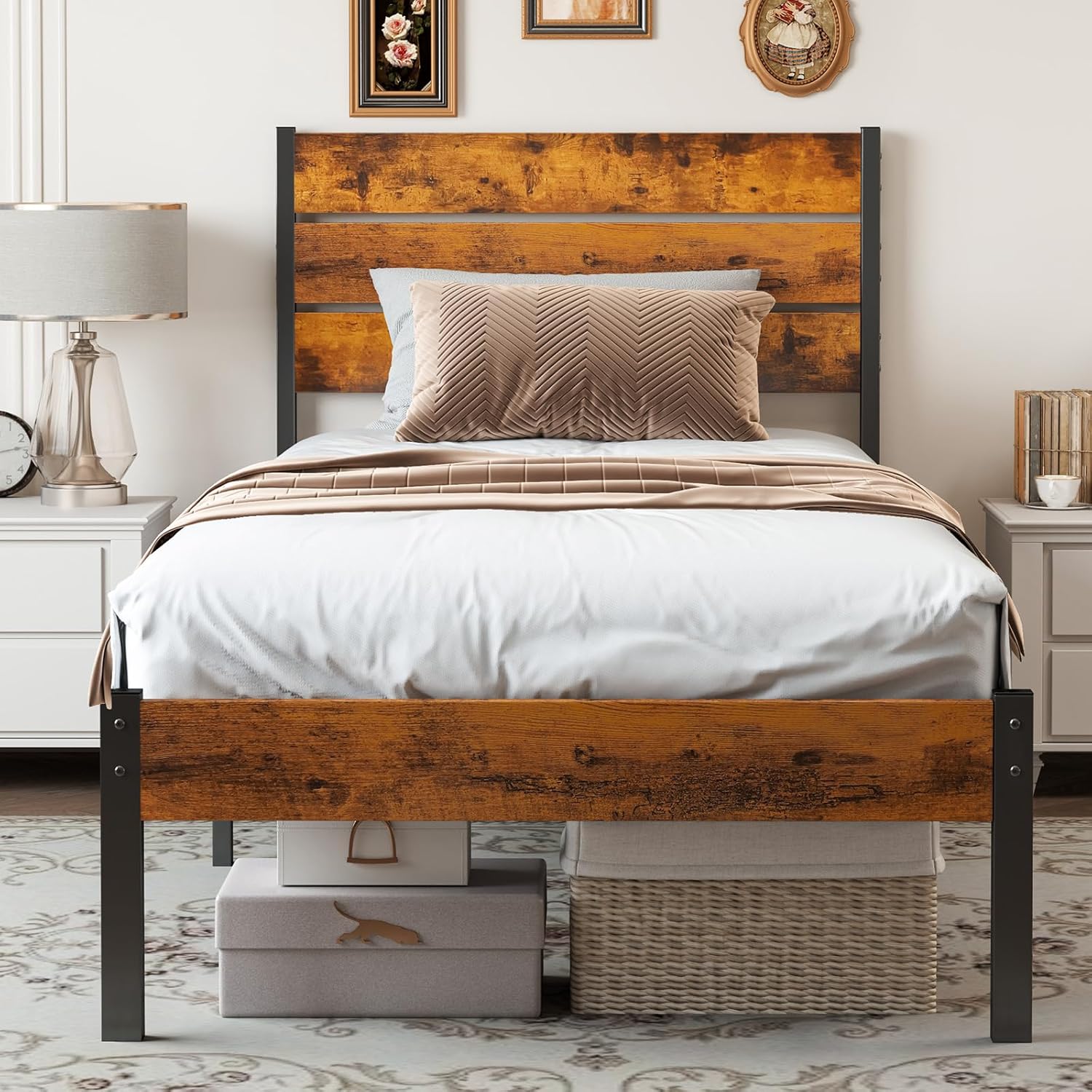 Sweetcrispy Twin Size Metal Platform Bed Frame with Headboard