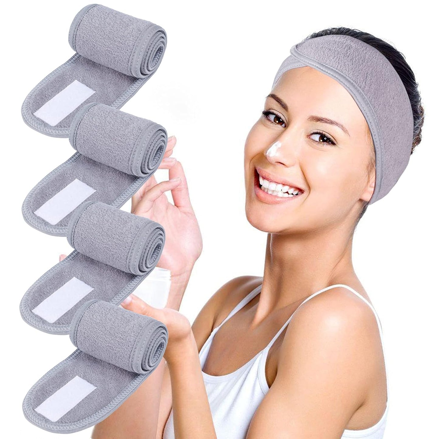 TOPODO 4-Pack Gray Spa Headbands: Luxe Towel Stretch Wrap