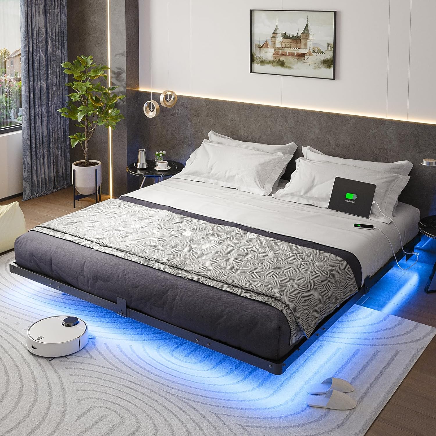 Liians King Size Floating Bed Frame with LED Lights