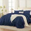 Andency Navy Blue Queen Comforter Set 90x90 in - Ruffle Microfiber