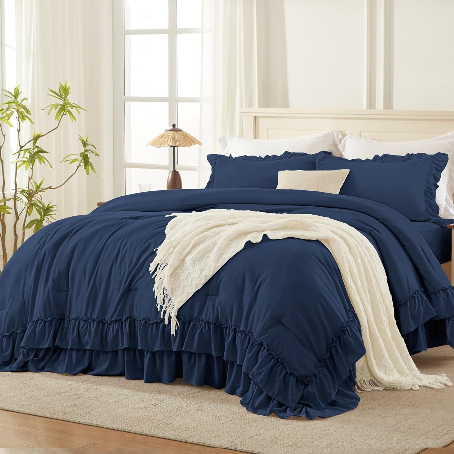 Navy Blue Queen Comforter Set with Ruffle Design for Elegance