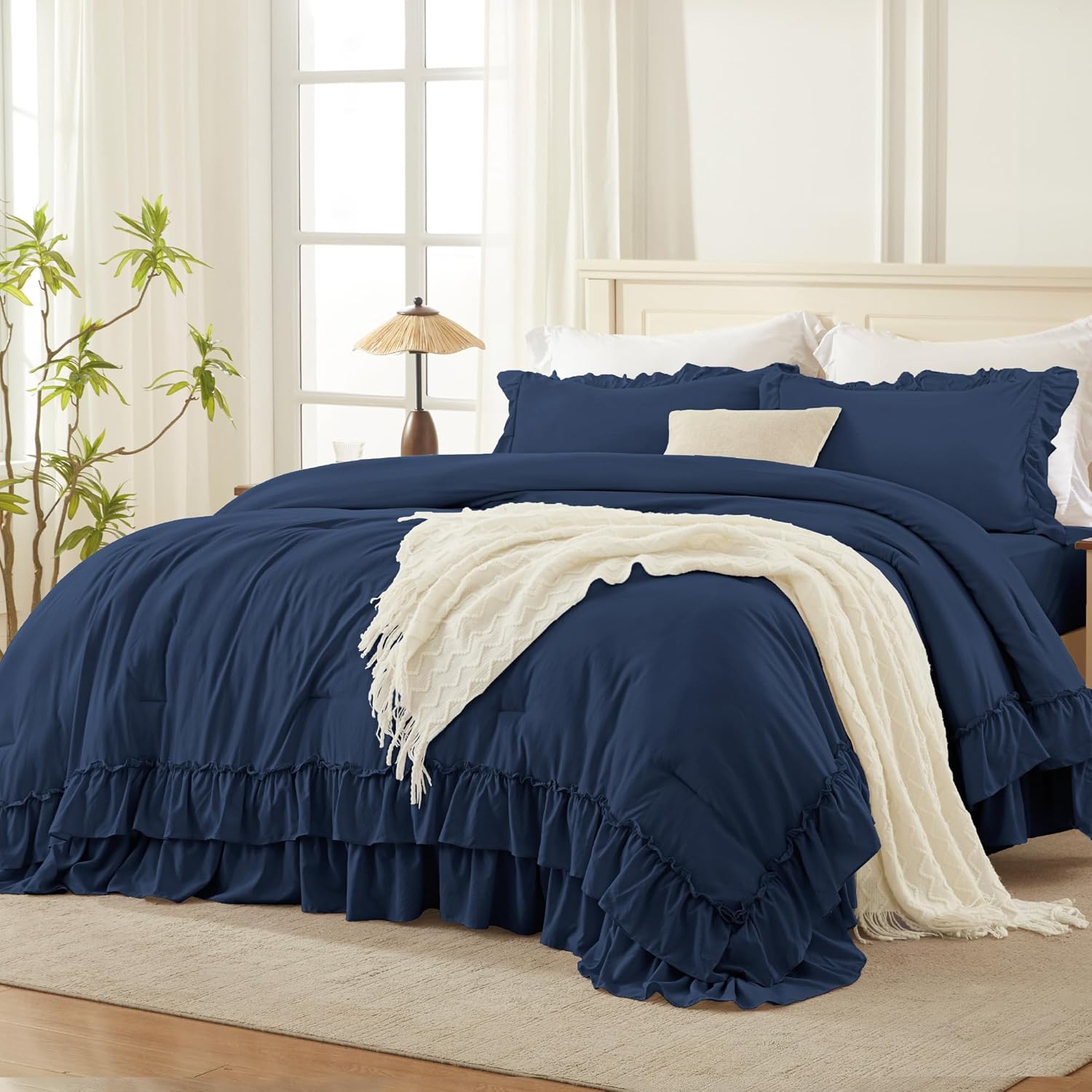Navy Blue Queen Comforter Set with Ruffle Design for Elegance